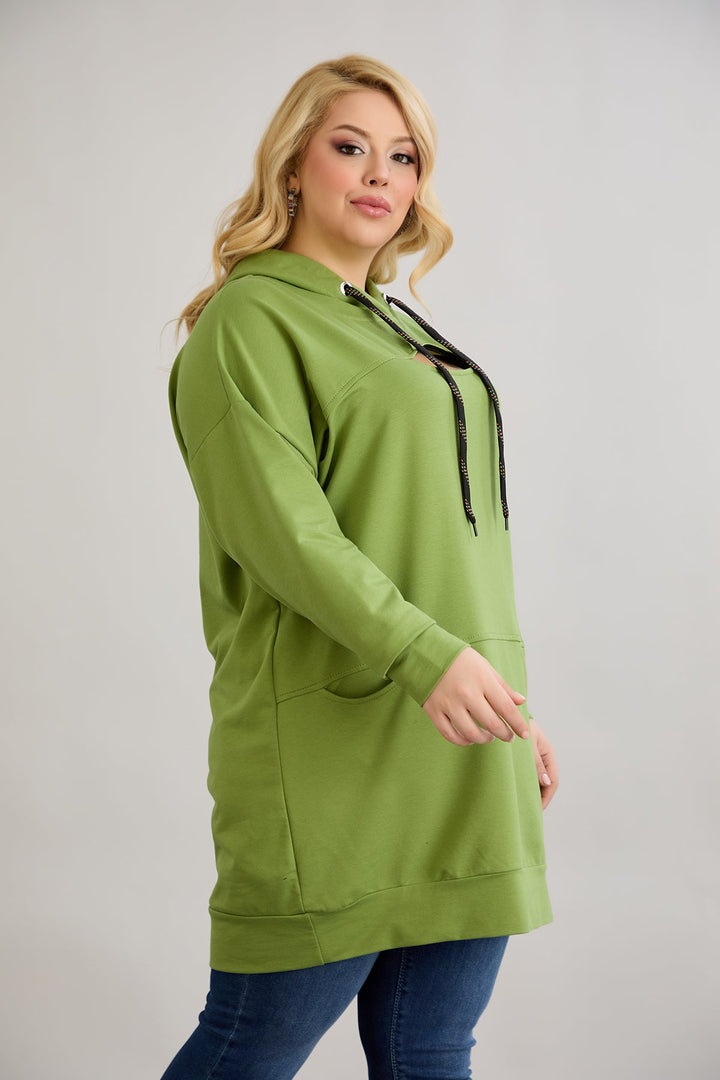 Dugo hoodie s otvorom na dekolteu - Zelena