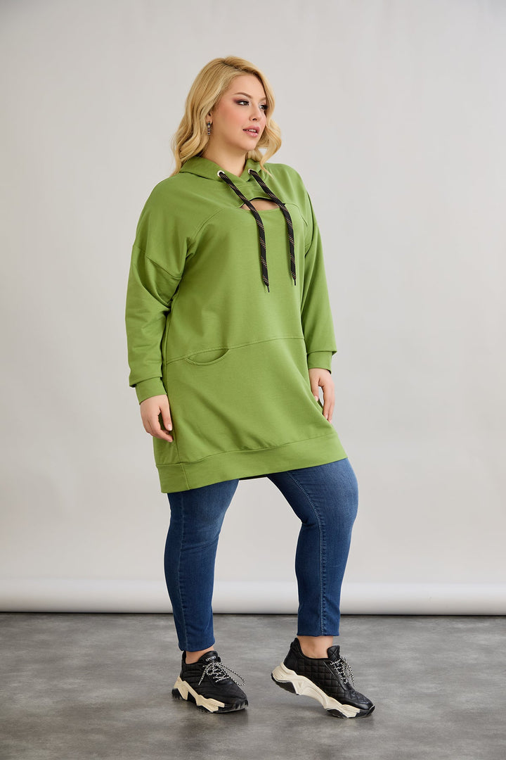 Dugo hoodie s otvorom na dekolteu - Zelena
