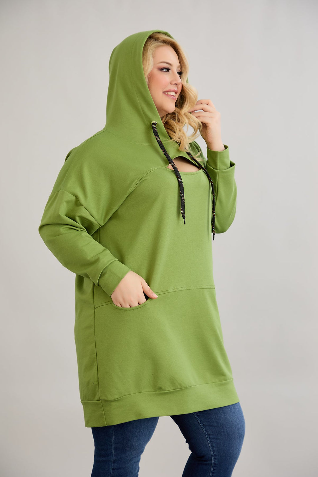 Dugo hoodie s otvorom na dekolteu - Zelena