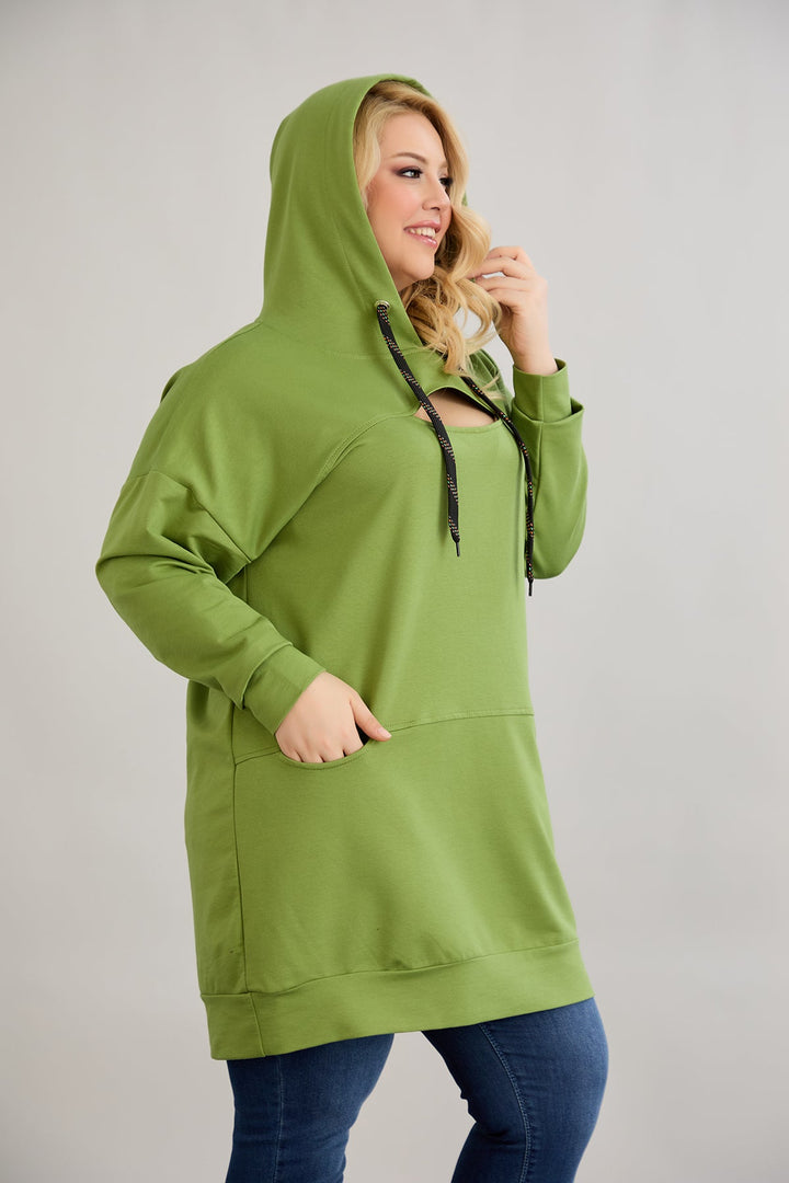 Dugo hoodie s otvorom na dekolteu - Zelena