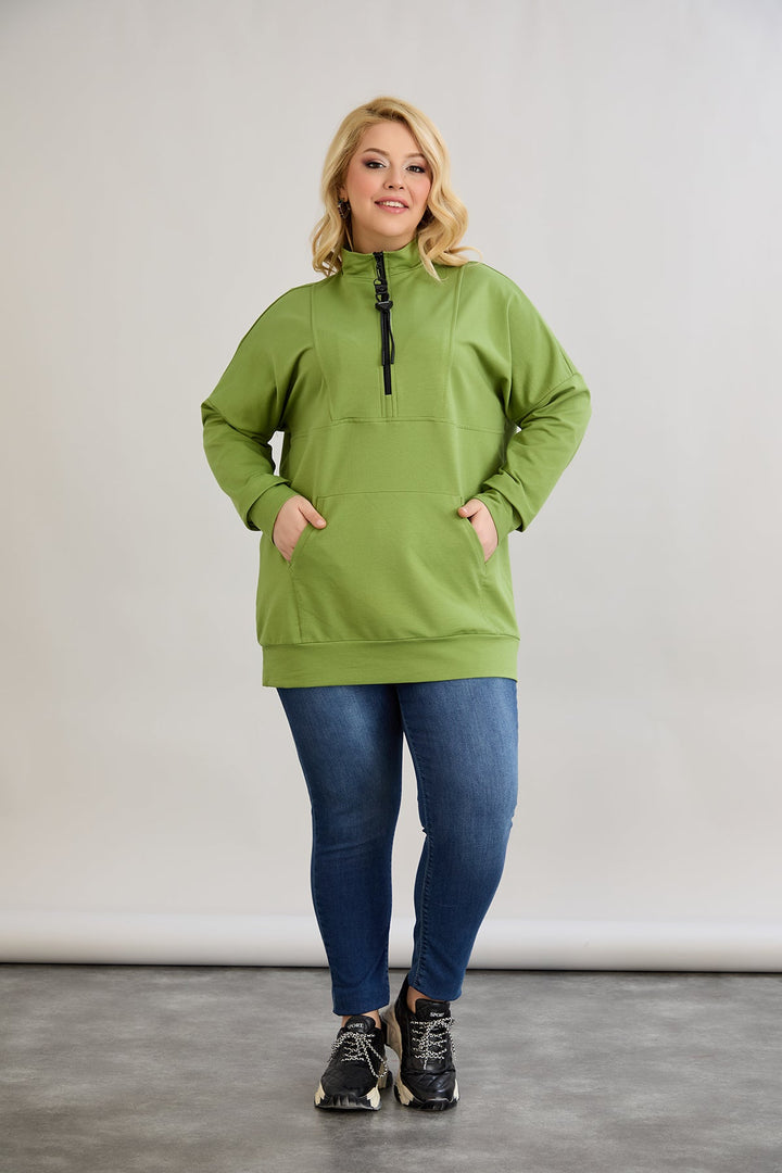 Ženski dukserica s patentnim zatvaračem i dekorativnim šavovima - Zelena