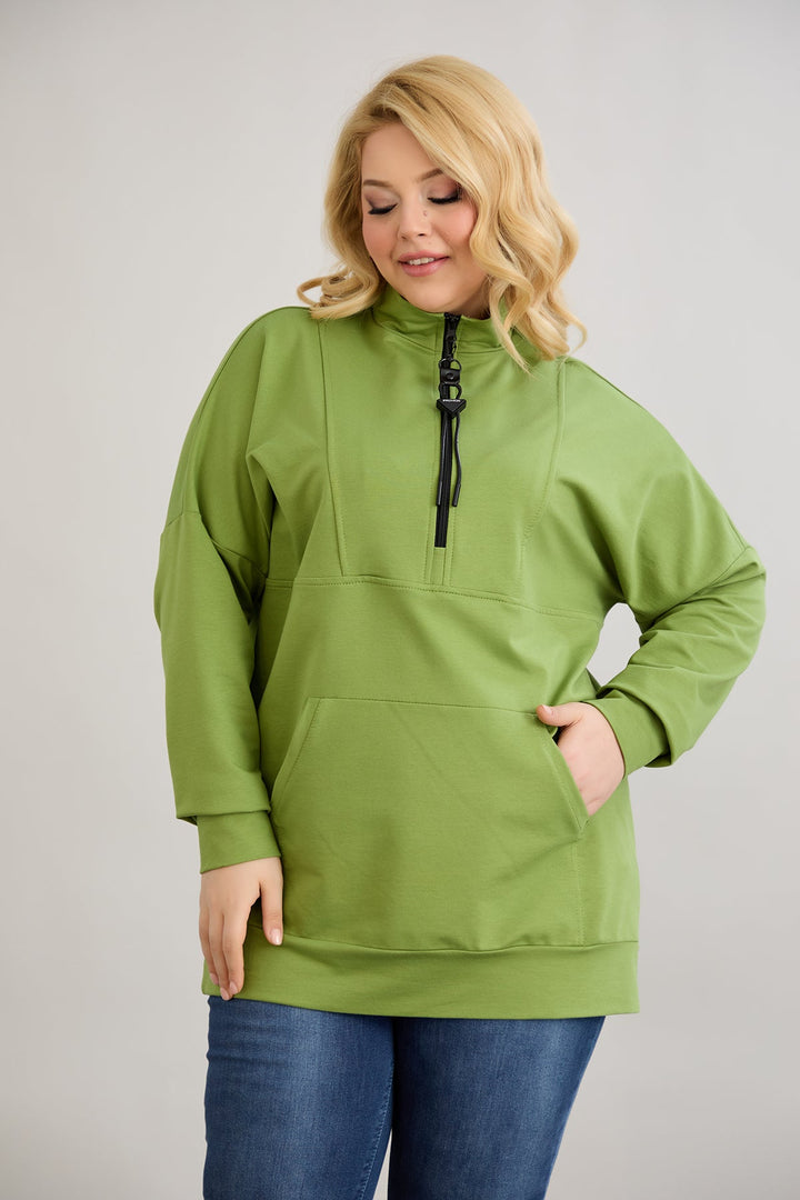 Ženski dukserica s patentnim zatvaračem i dekorativnim šavovima - Zelena