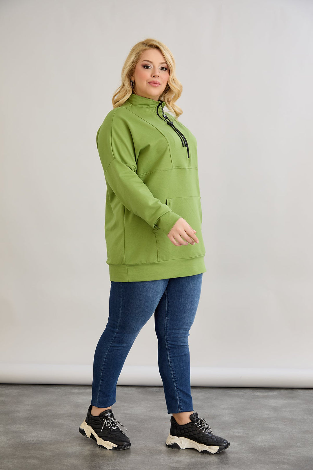 Ženski dukserica s patentnim zatvaračem i dekorativnim šavovima - Zelena