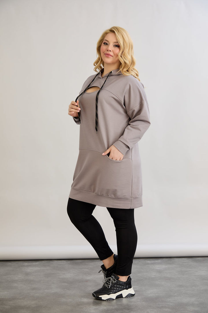 Dugo hoodie s izrezom na dekolteu - mliječno siva