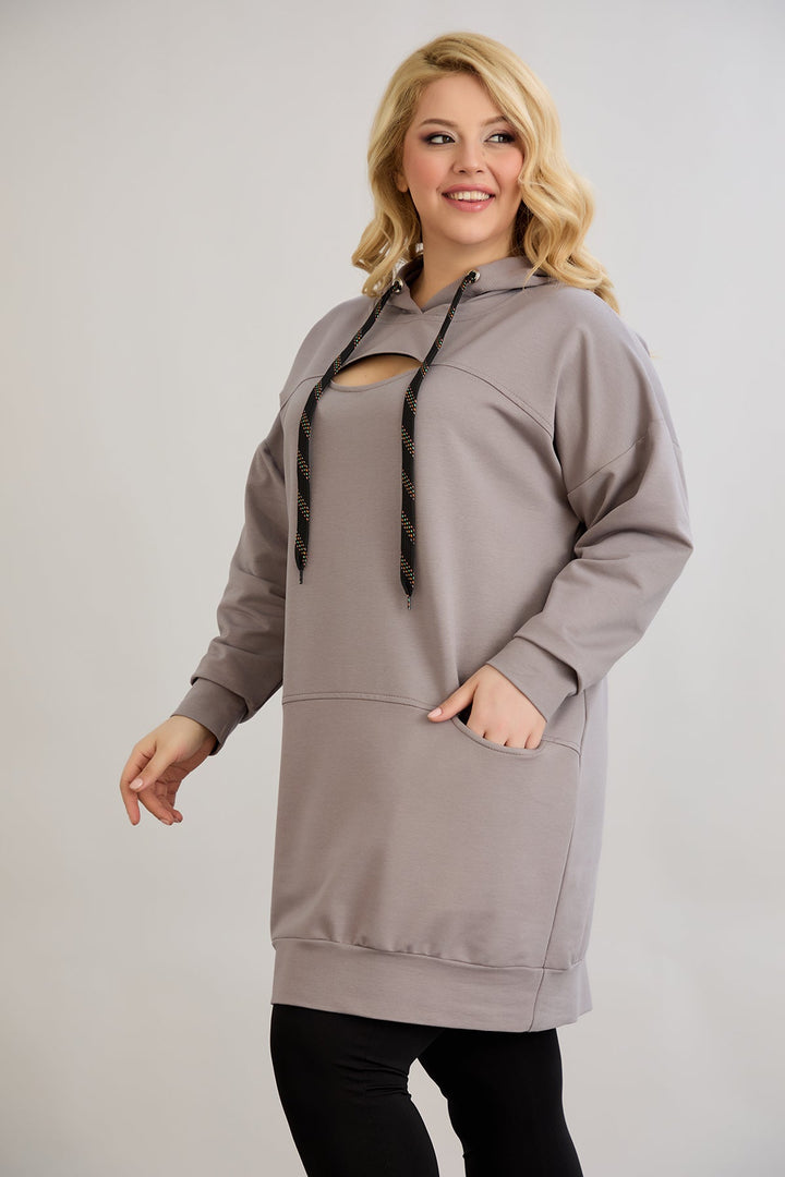 Dugo hoodie s izrezom na dekolteu - mliječno siva