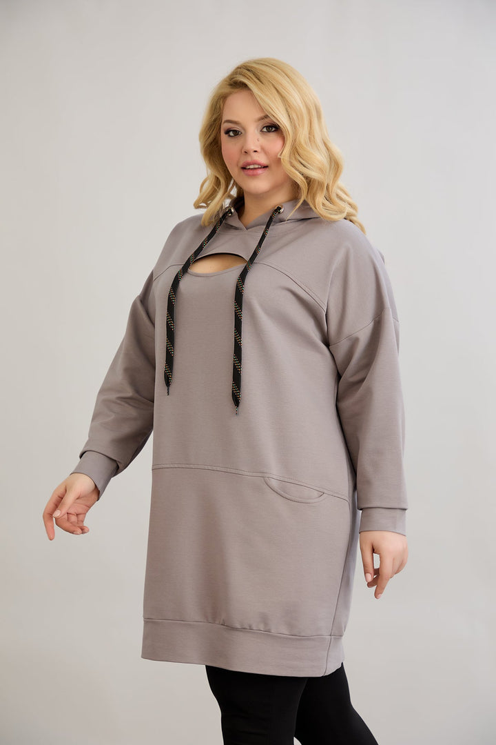 Dugo hoodie s izrezom na dekolteu - mliječno siva