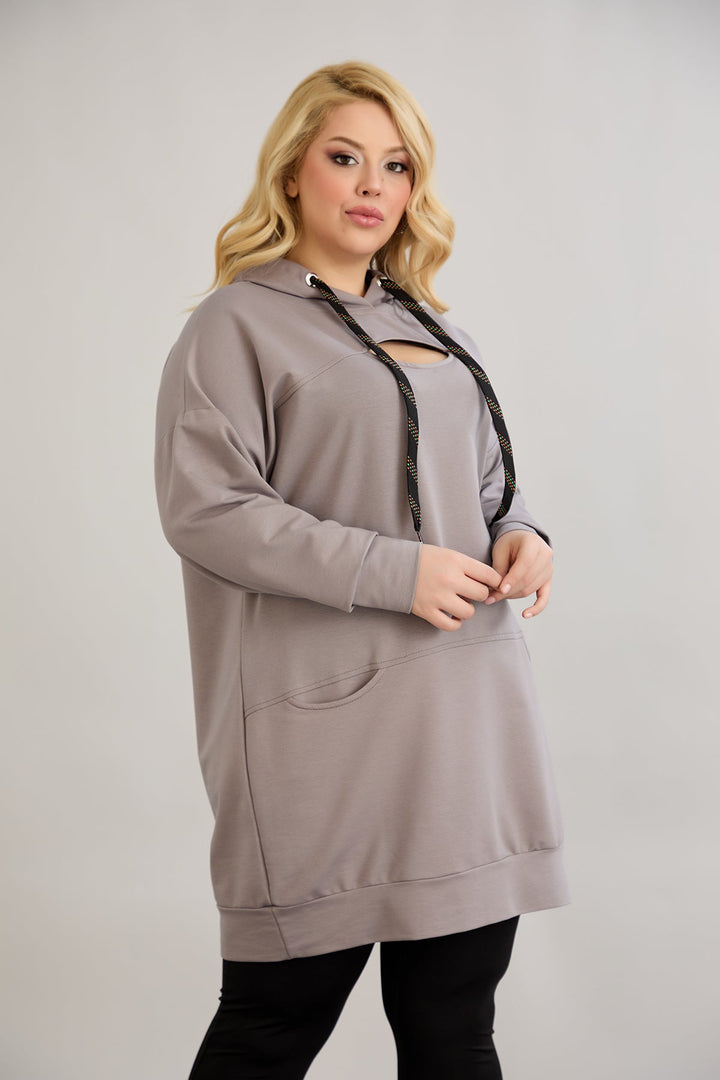 Dugo hoodie s izrezom na dekolteu - mliječno siva