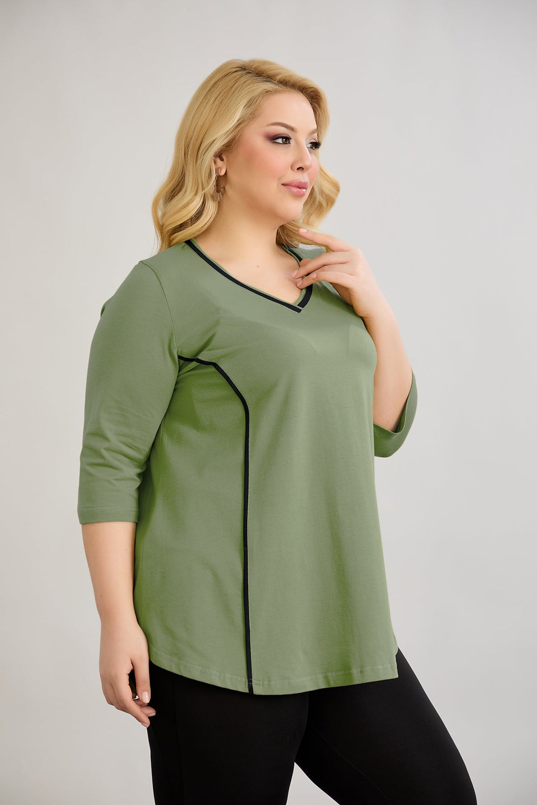 Pamučna bluzica A-linije s kontrastnim detaljima - Zelena