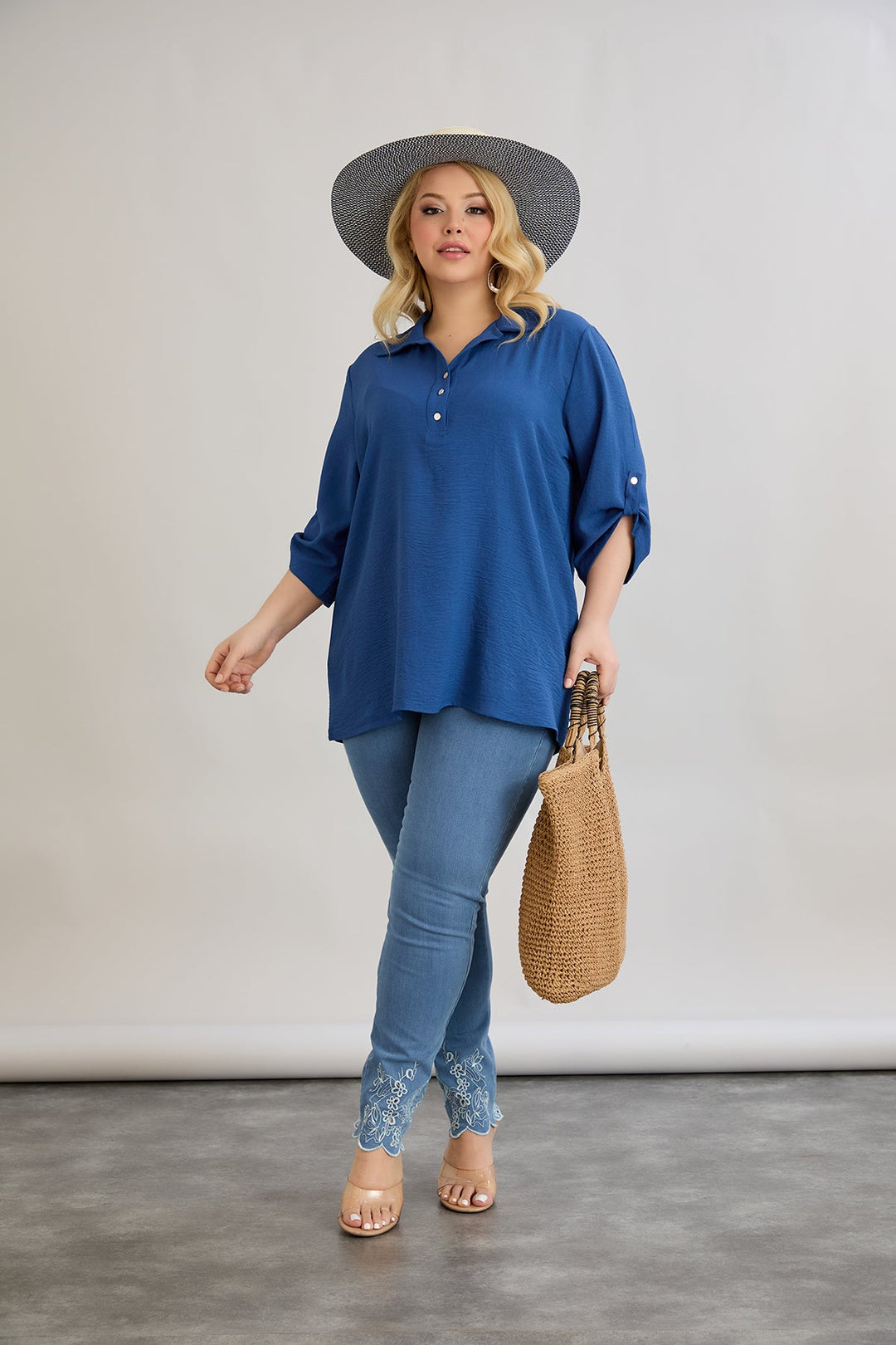 Košulja s 3/4 rukavima i gumbima - Plava