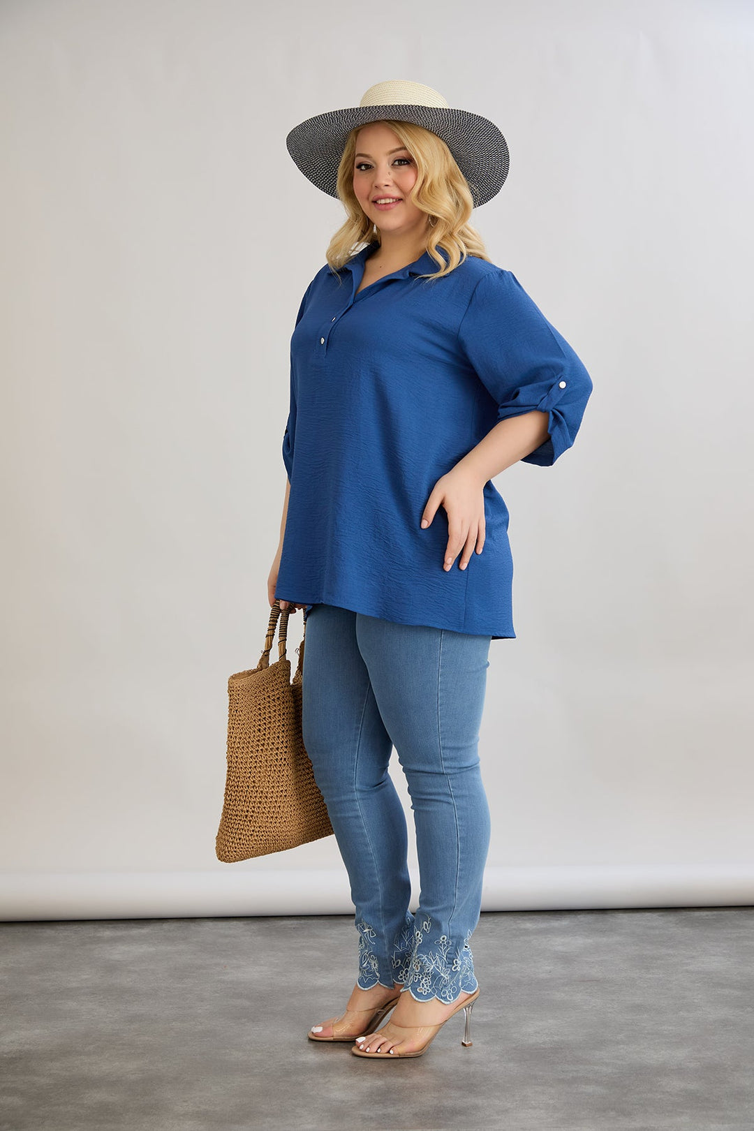 Košulja s 3/4 rukavima i gumbima - Plava