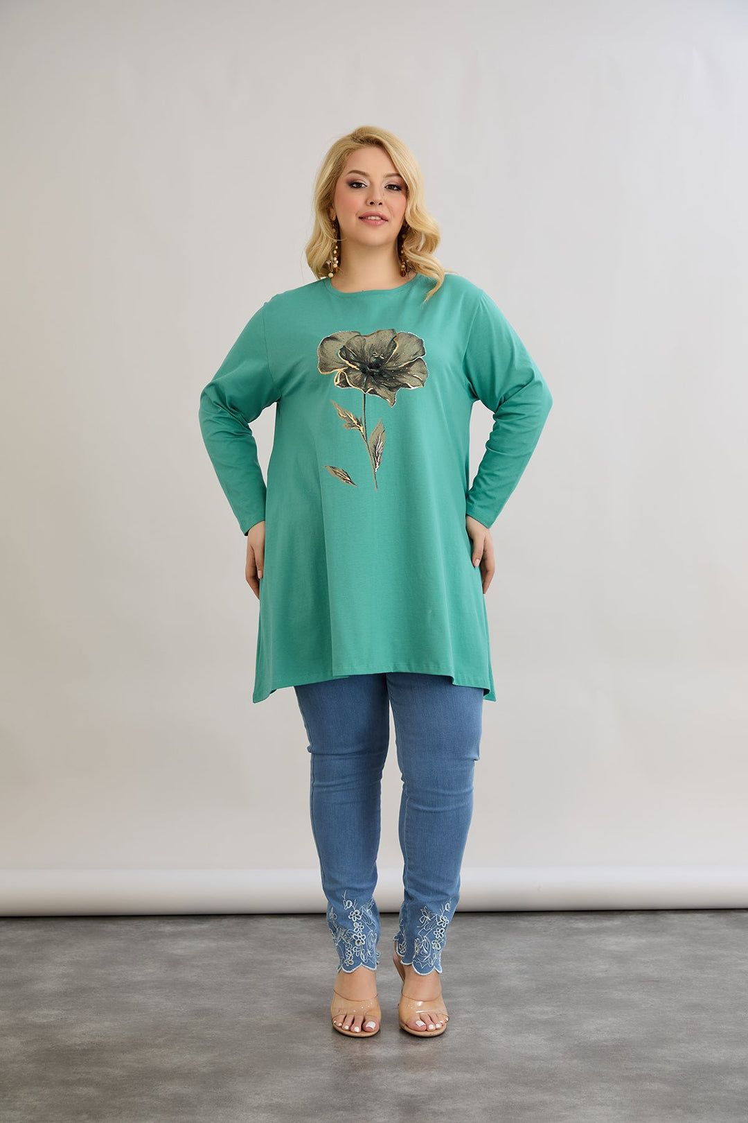 Tunika A-linija s cvjetnim uzorkom i kamenčićima - morsko zelena