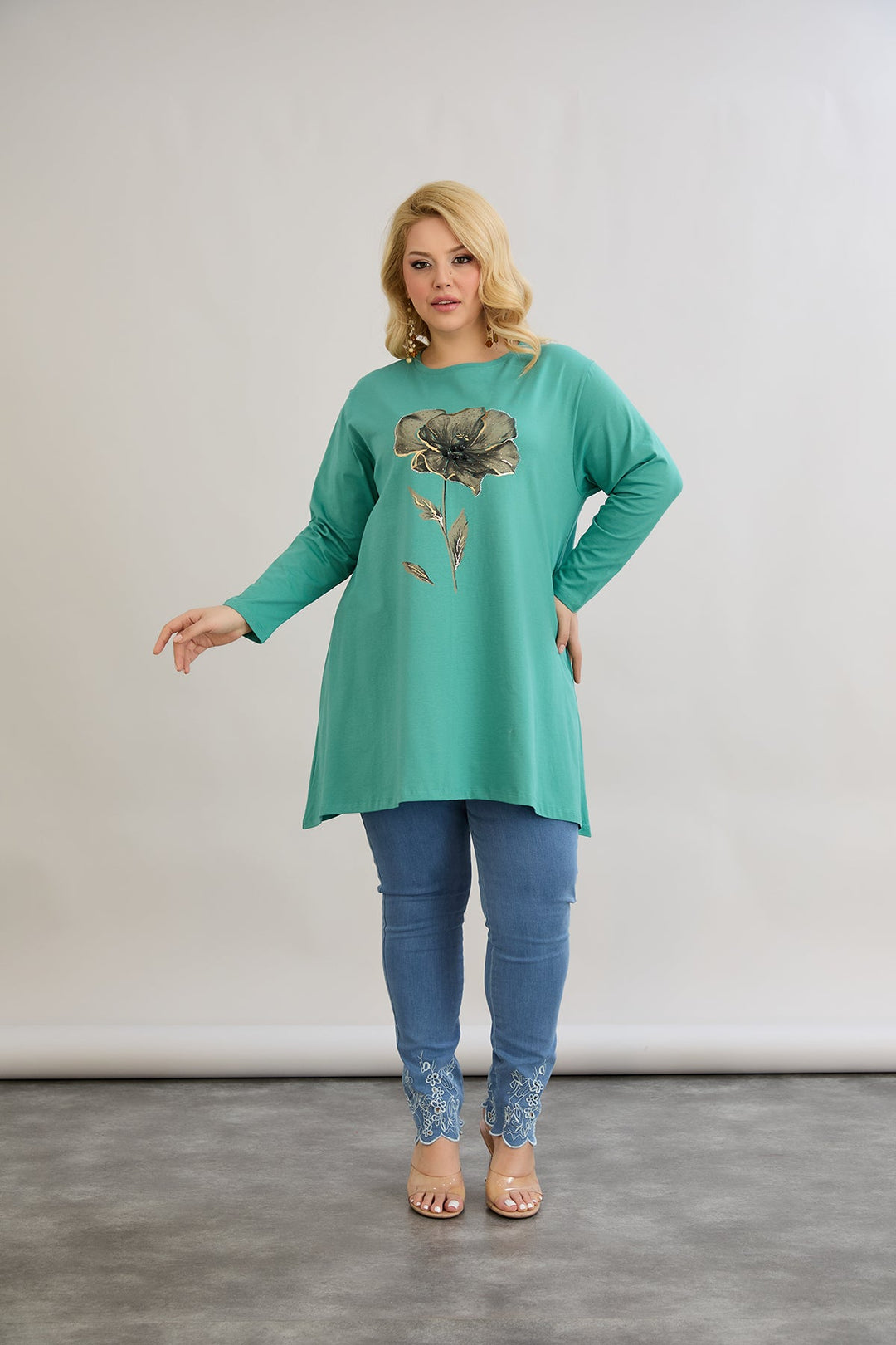 Tunika A-linija s cvjetnim uzorkom i kamenčićima - morsko zelena