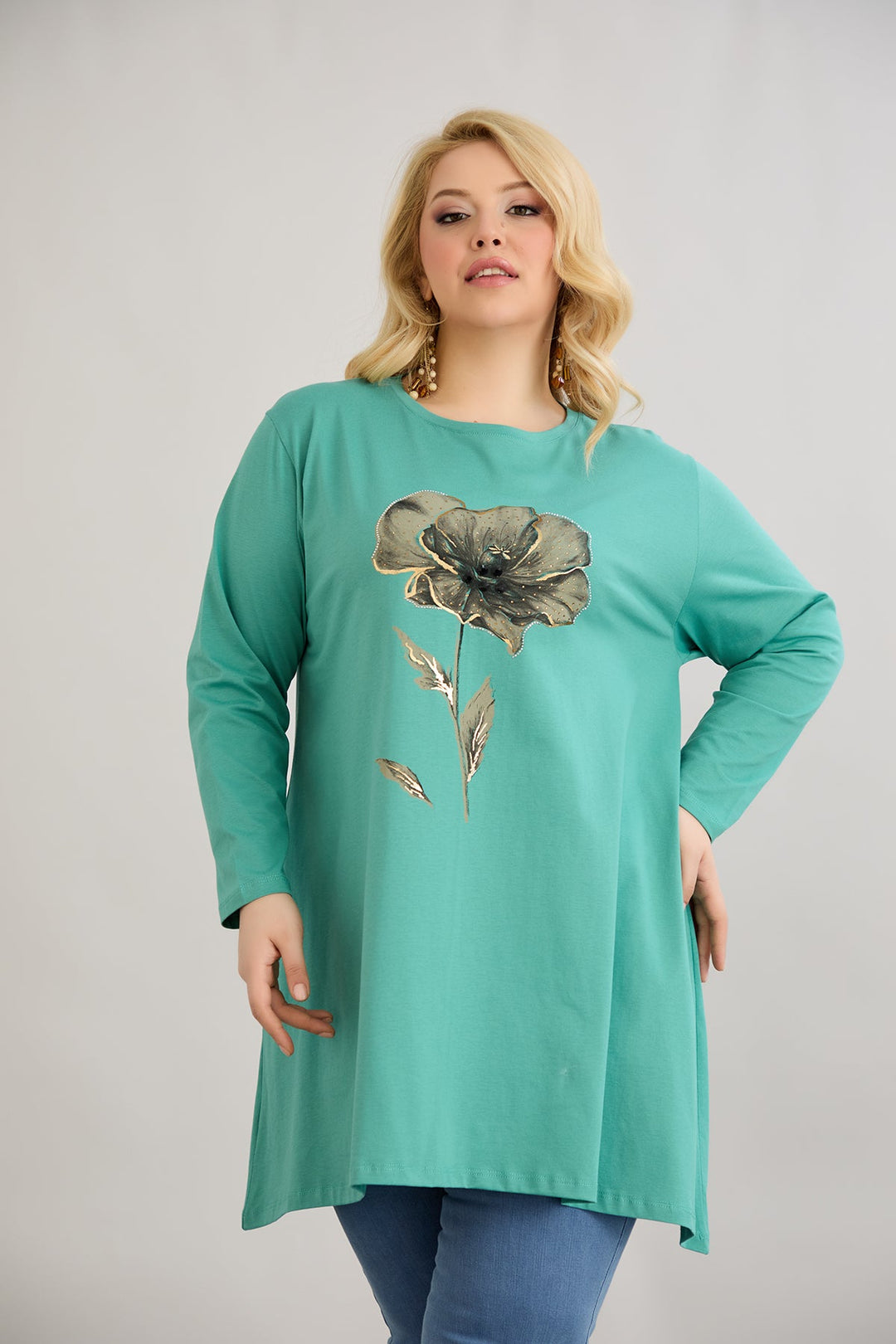 Tunika A-linija s cvjetnim uzorkom i kamenčićima - morsko zelena