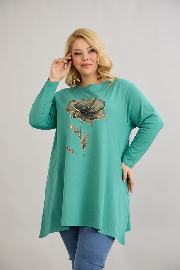 Tunika A-linija s cvjetnim uzorkom i kamenčićima - morsko zelena