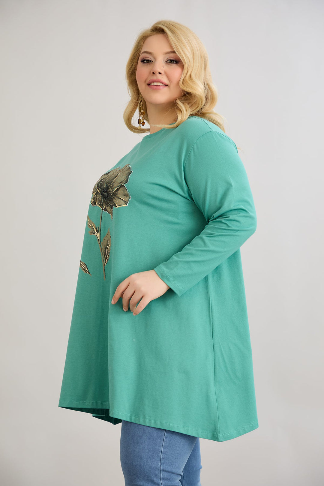 Tunika A-linija s cvjetnim uzorkom i kamenčićima - morsko zelena
