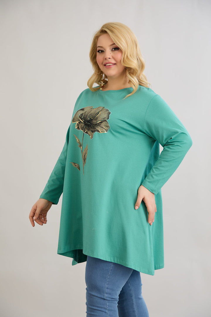Tunika A-linija s cvjetnim uzorkom i kamenčićima - morsko zelena