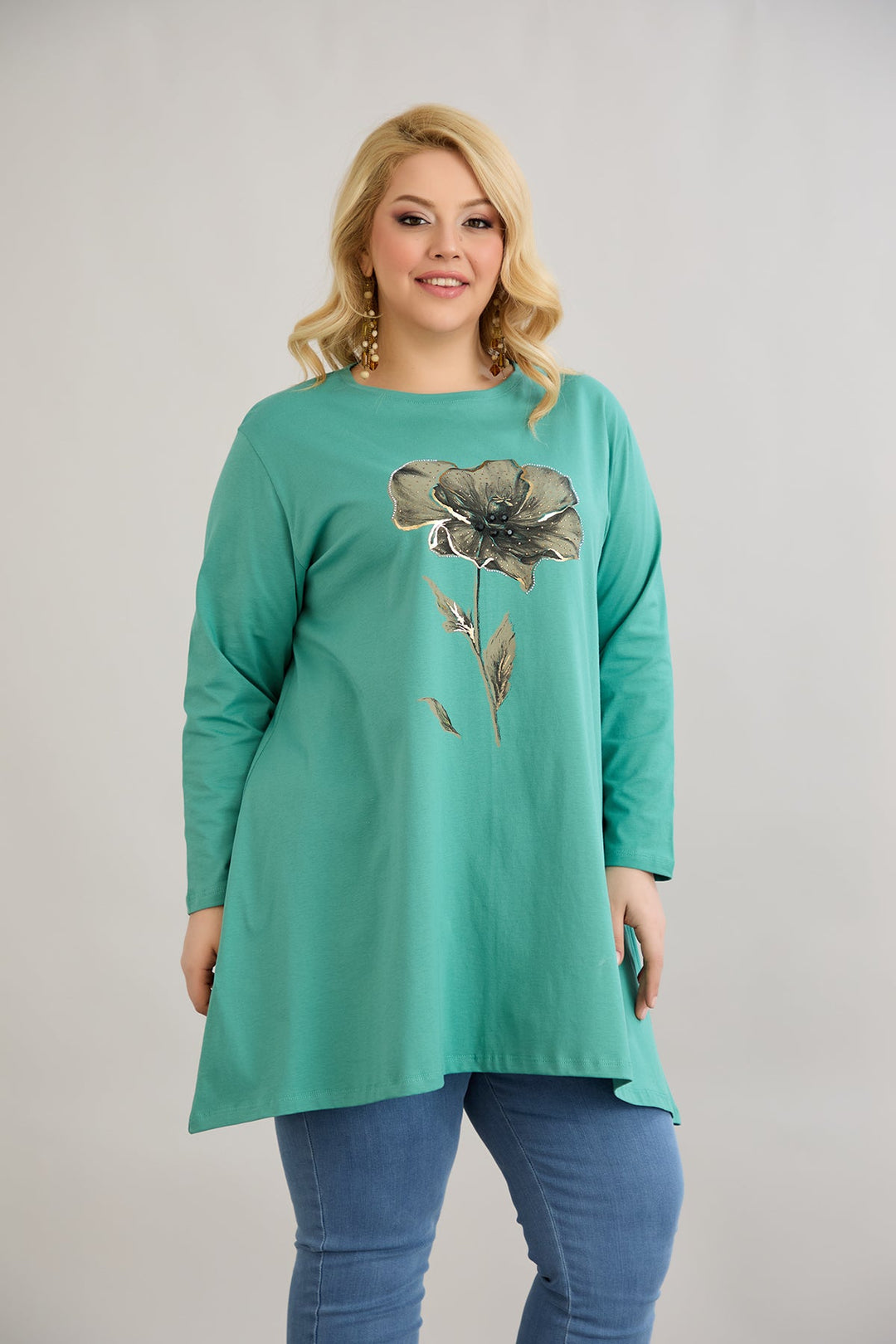 Tunika A-linija s cvjetnim uzorkom i kamenčićima - morsko zelena