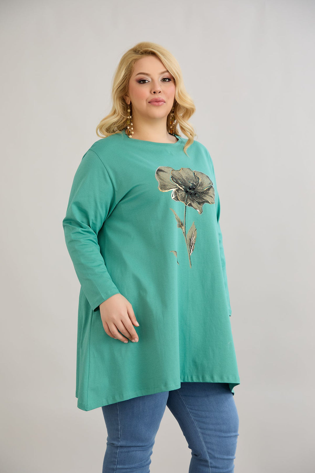 Tunika A-linija s cvjetnim uzorkom i kamenčićima - morsko zelena