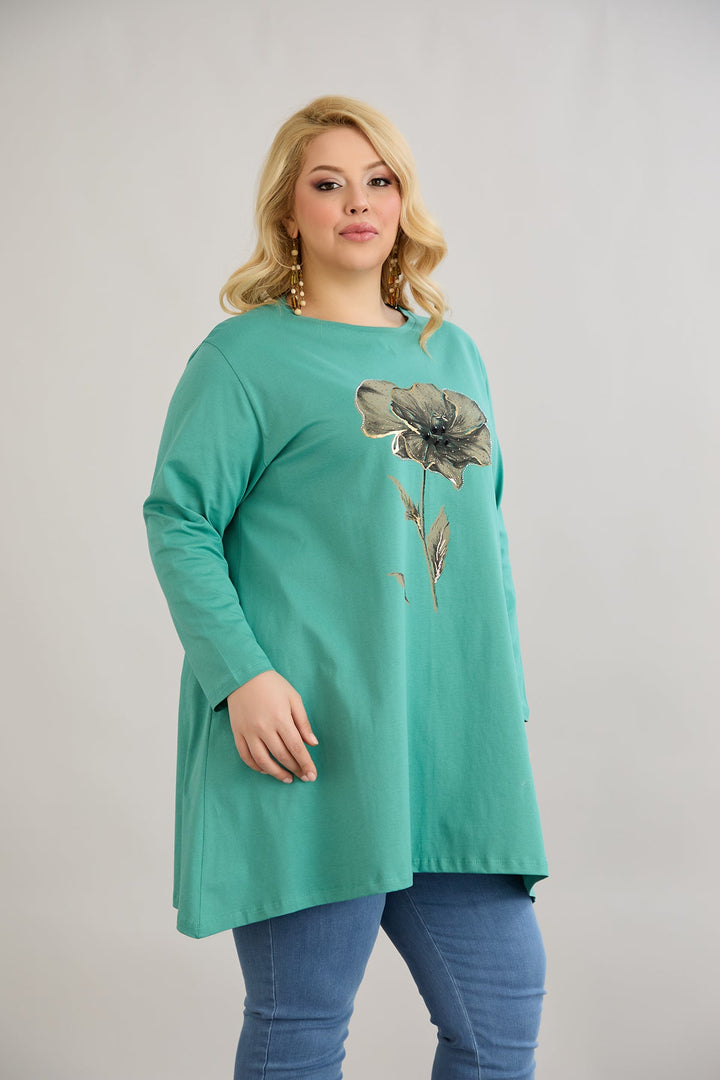 Tunika A-linija s cvjetnim uzorkom i kamenčićima - morsko zelena