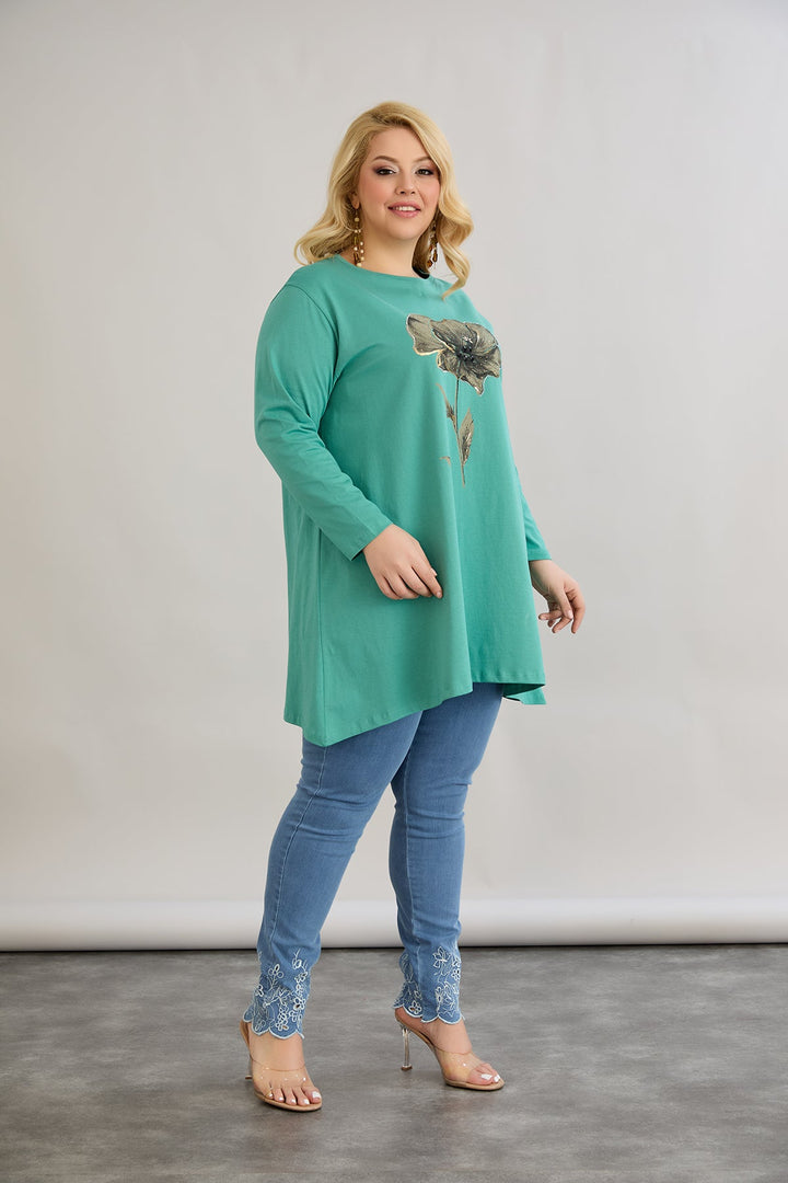 Tunika A-linija s cvjetnim uzorkom i kamenčićima - morsko zelena