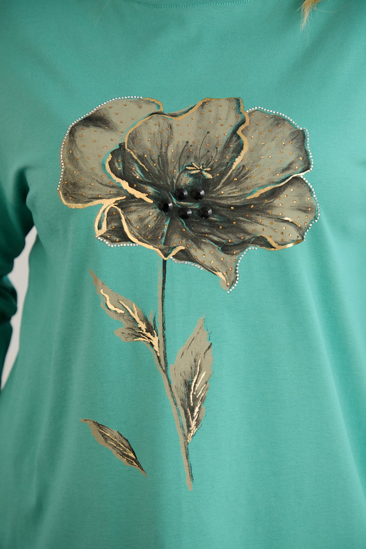 Tunika A-linija s cvjetnim uzorkom i kamenčićima - morsko zelena