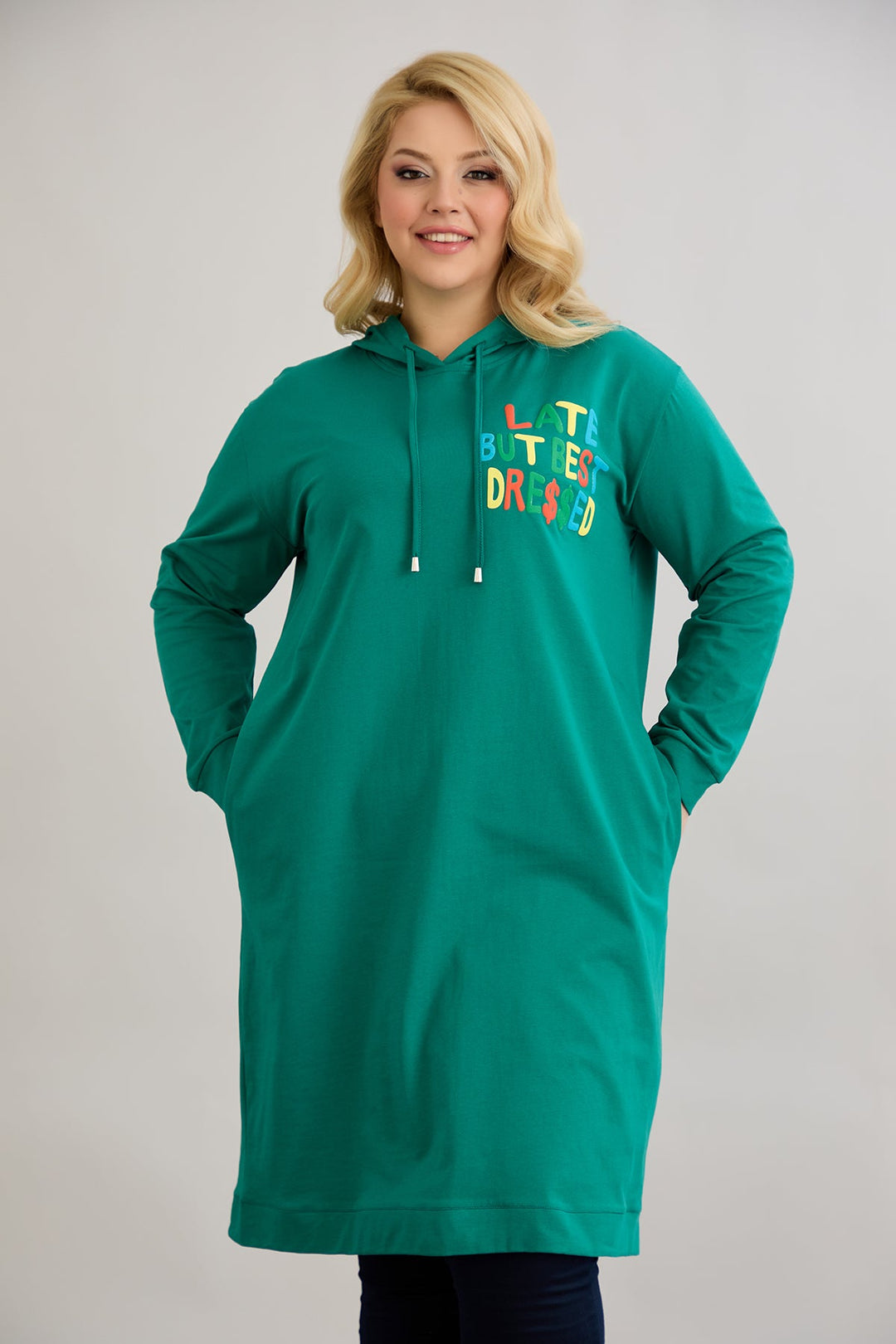 Pamuk tunika-haljina s natpisom - Zelena velikih veličina