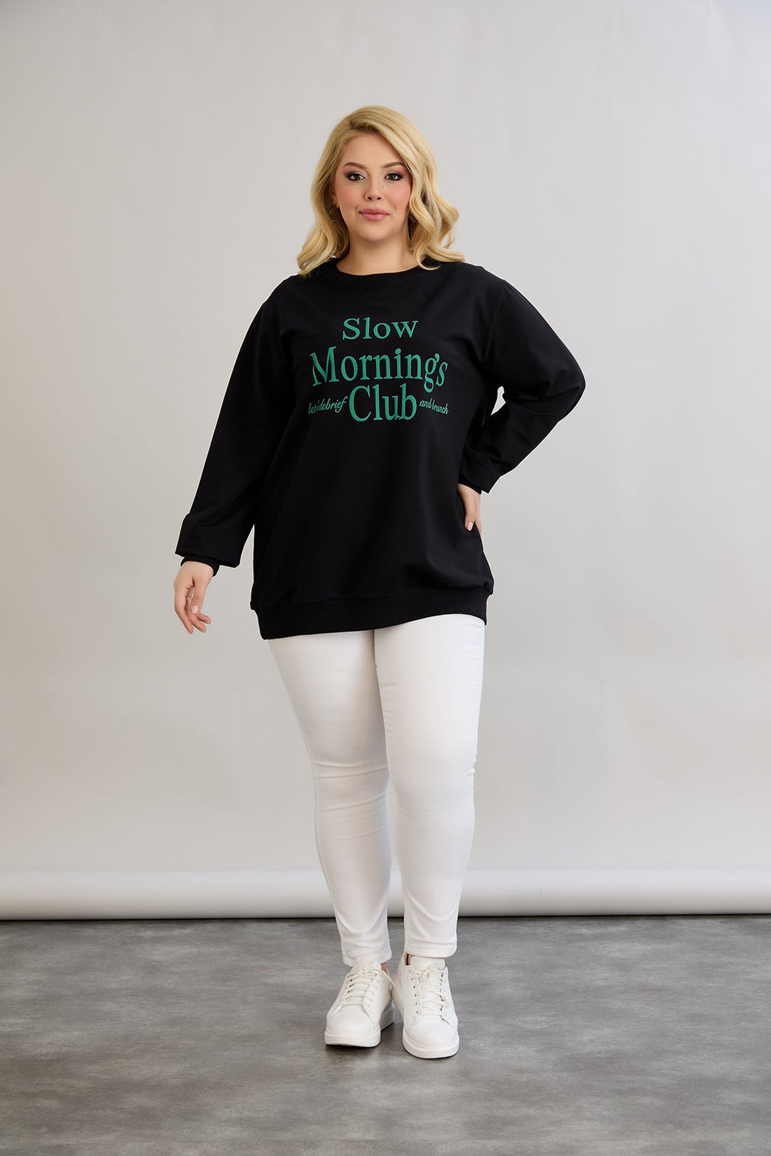 Pamučna bluza s natpisom - Slow morning - Zelena