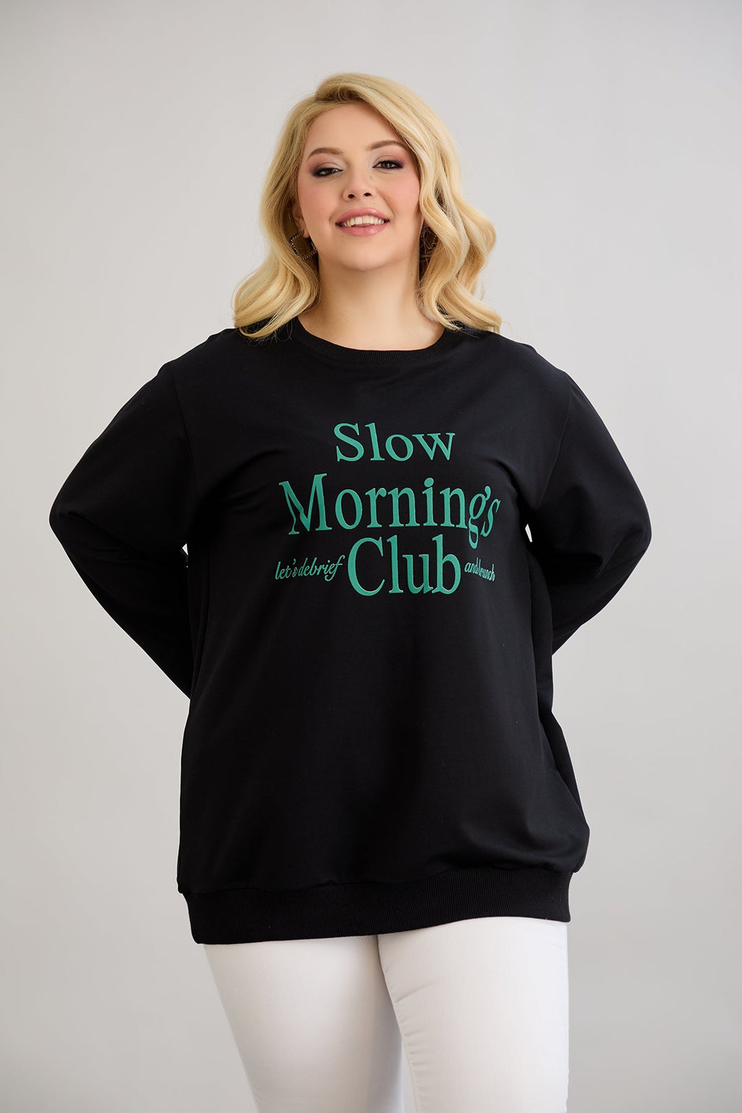 Pamučna bluza s natpisom - Slow morning - Zelena