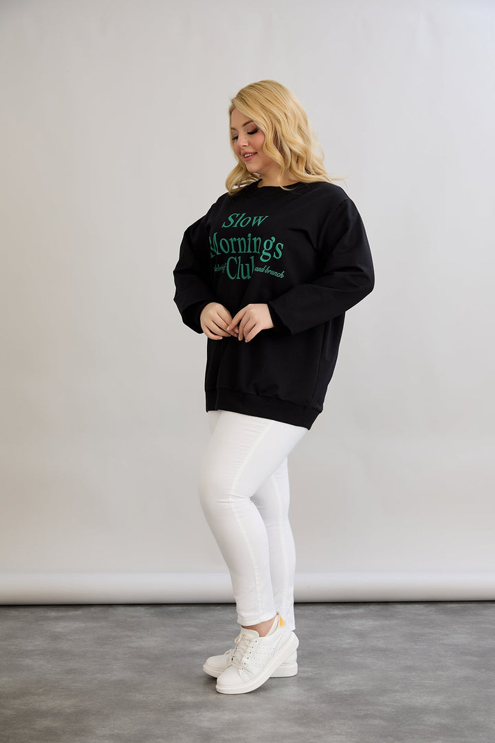 Pamučna bluza s natpisom - Slow morning - Zelena