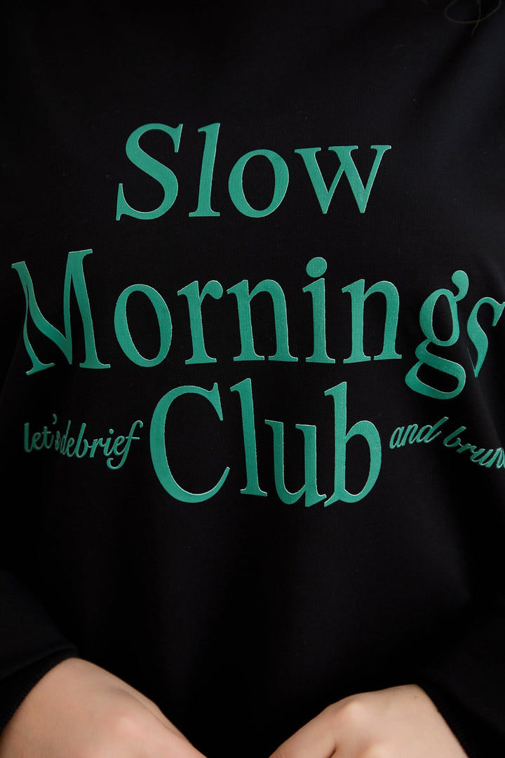 Pamučna bluza s natpisom - Slow morning - Zelena