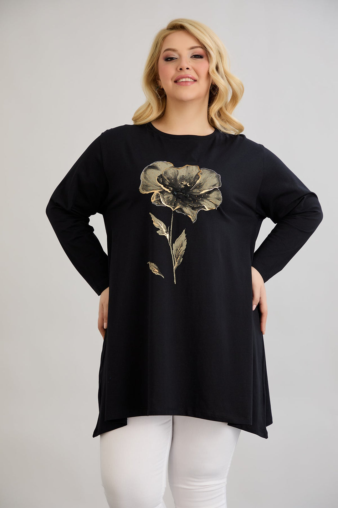 Tunika A-linije s cvjetnim uzorkom i kamenčićima - Crna