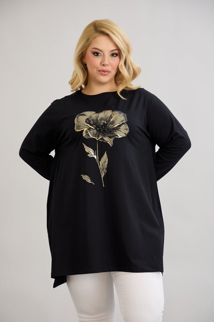 Tunika A-linije s cvjetnim uzorkom i kamenčićima - Crna
