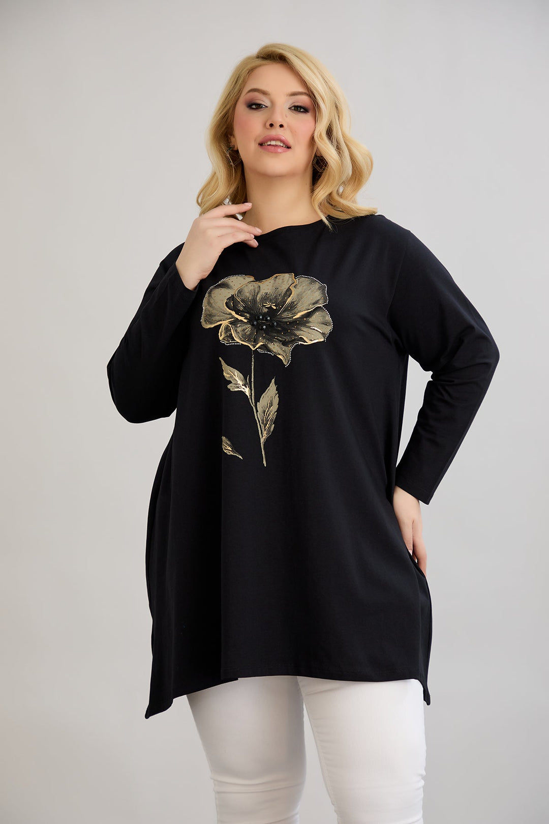 Tunika A-linije s cvjetnim uzorkom i kamenčićima - Crna
