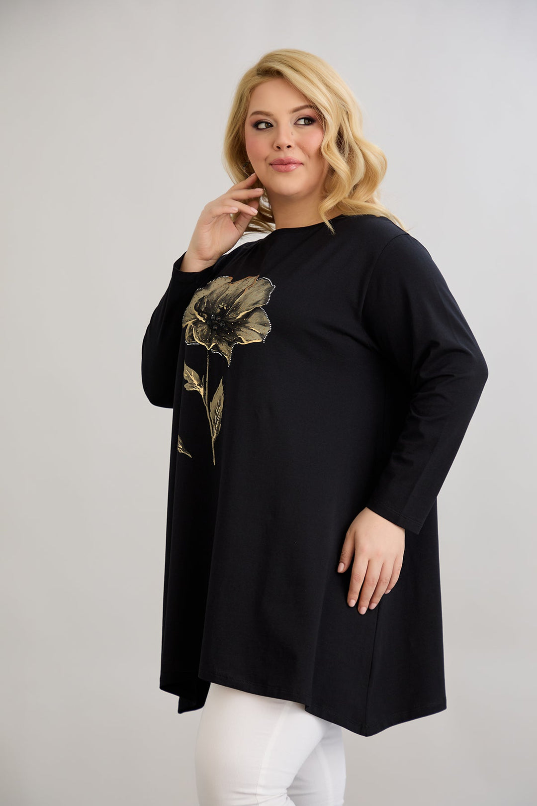 Tunika A-linije s cvjetnim uzorkom i kamenčićima - Crna