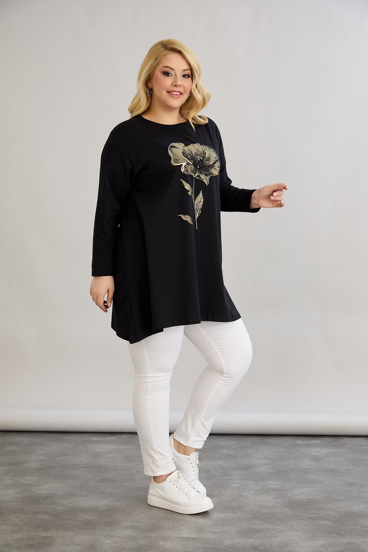 Tunika A-linije s cvjetnim uzorkom i kamenčićima - Crna
