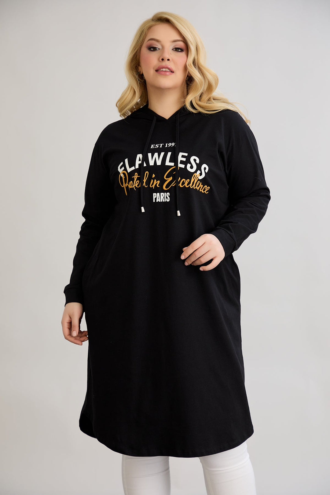 Pamučna tunika-haljina s natpisom Paris - Crna