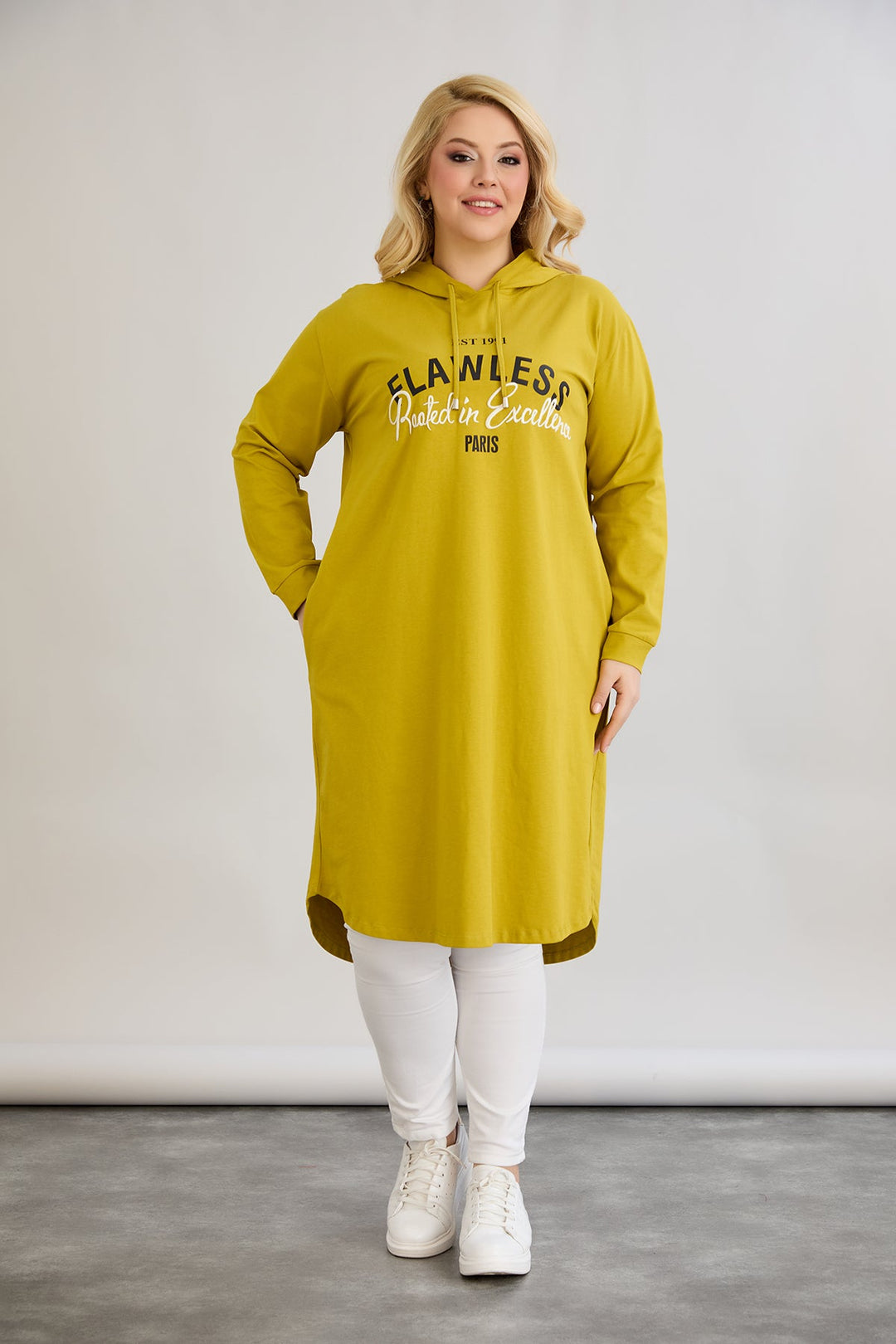 Pamučna tunika-haljina s natpisom Paris - boja gorušice