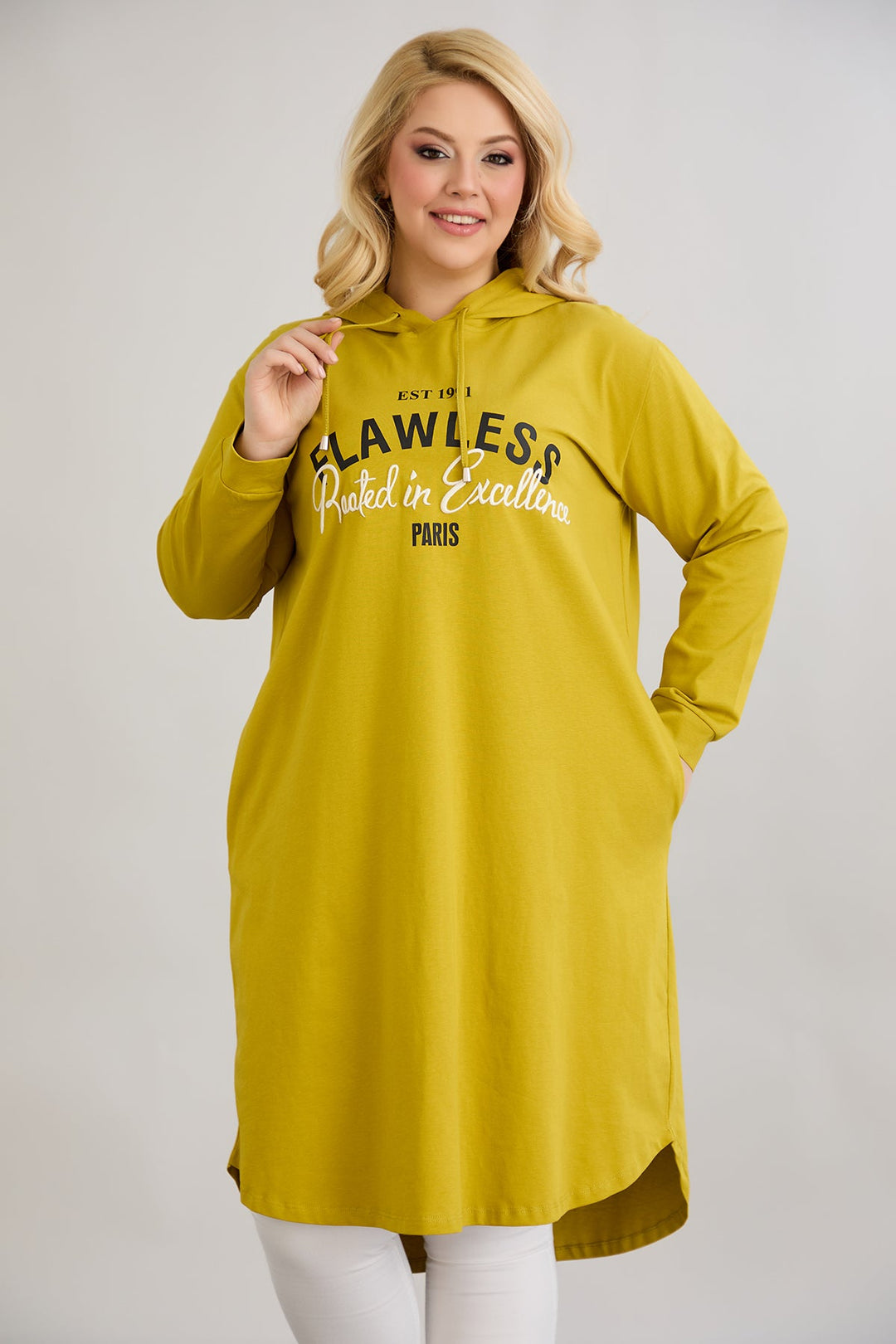 Pamučna tunika-haljina s natpisom Paris - boja gorušice