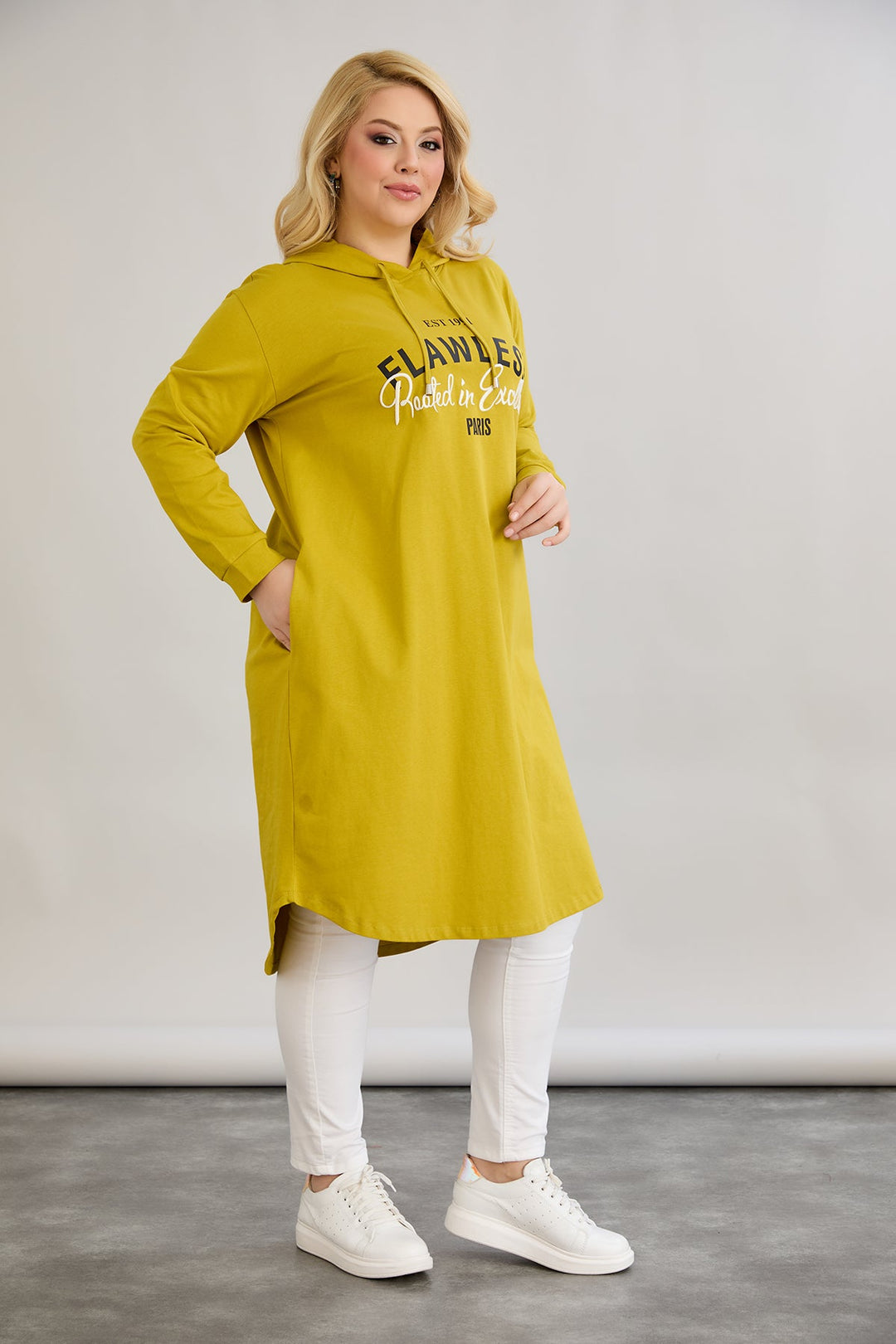 Pamučna tunika-haljina s natpisom Paris - boja gorušice