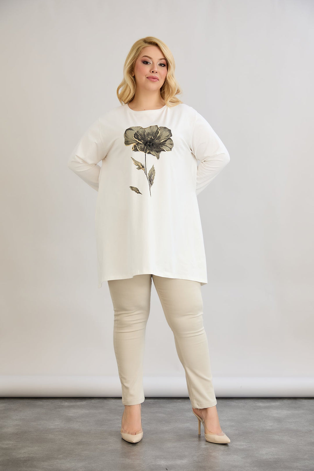 Tunika A-linije s cvjetnim uzorkom i dražesnim kamenčićima - Ecru