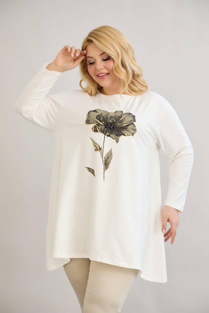 Tunika A-linije s cvjetnim uzorkom i dražesnim kamenčićima - Ecru