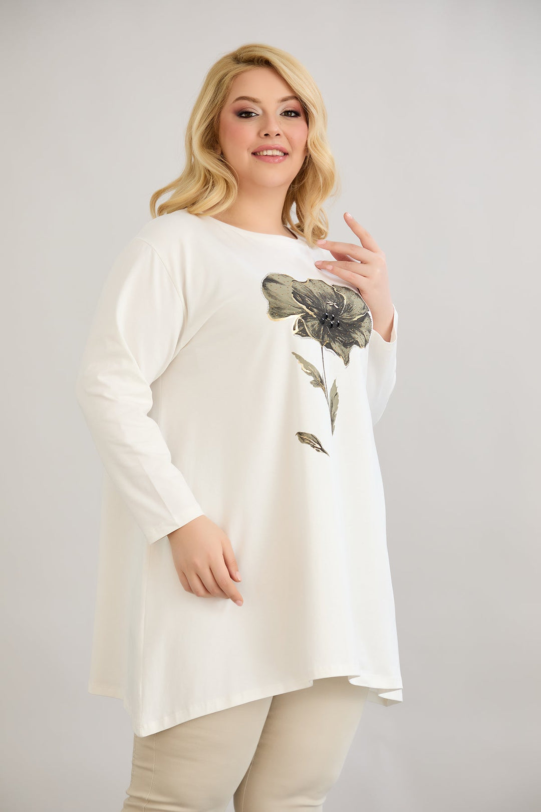 Tunika A-linije s cvjetnim uzorkom i dražesnim kamenčićima - Ecru