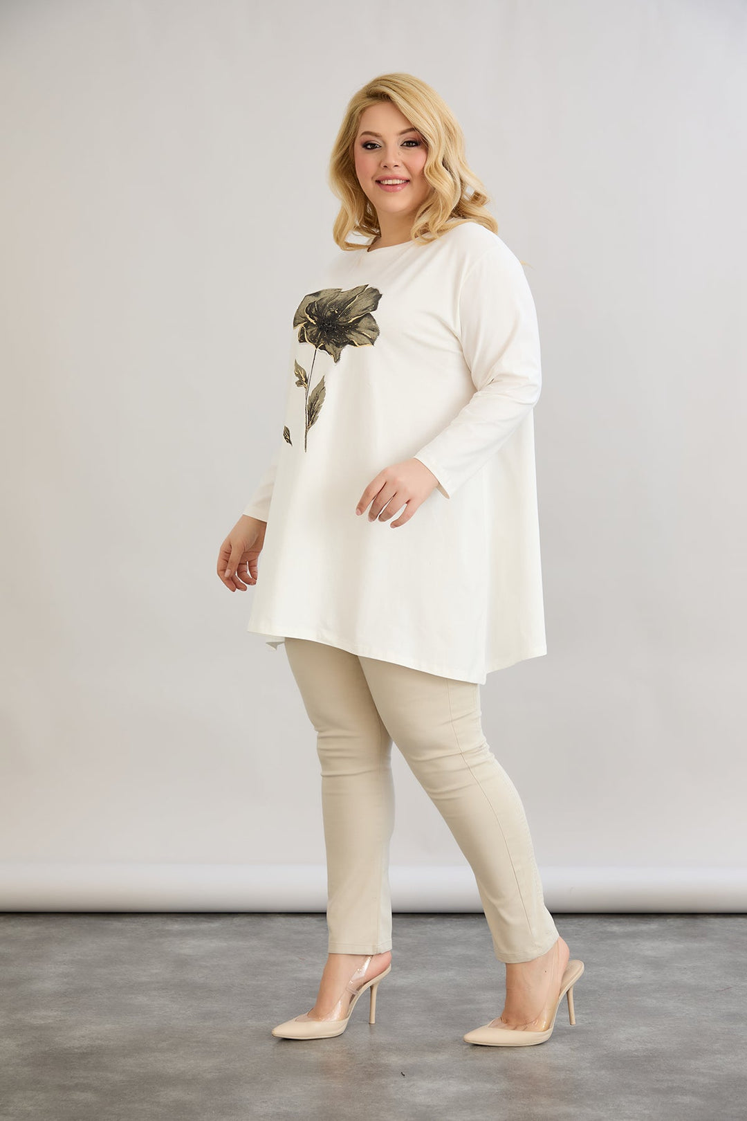 Tunika A-linije s cvjetnim uzorkom i dražesnim kamenčićima - Ecru