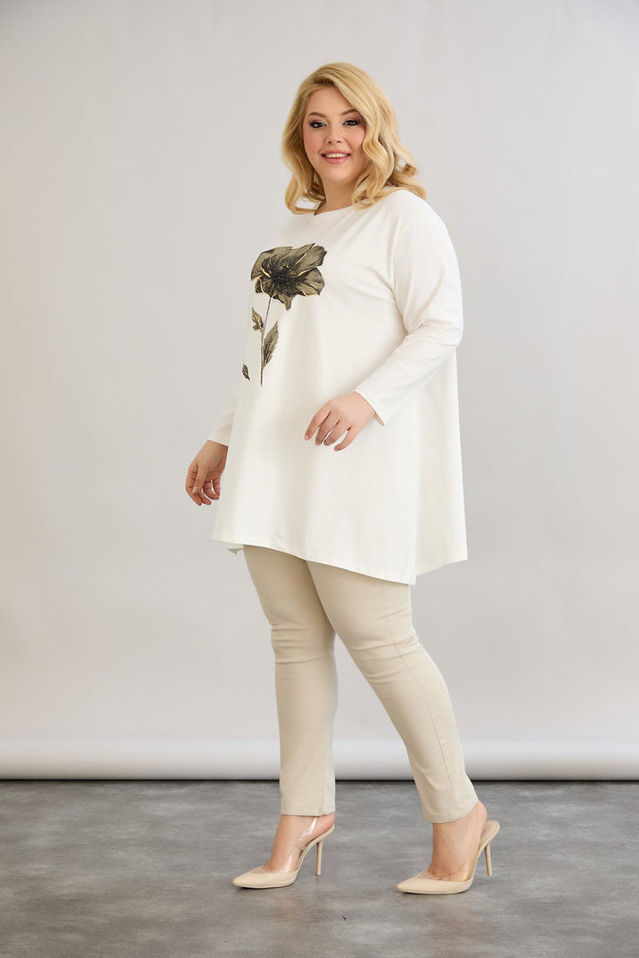 Tunika A-linije s cvjetnim uzorkom i dražesnim kamenčićima - Ecru