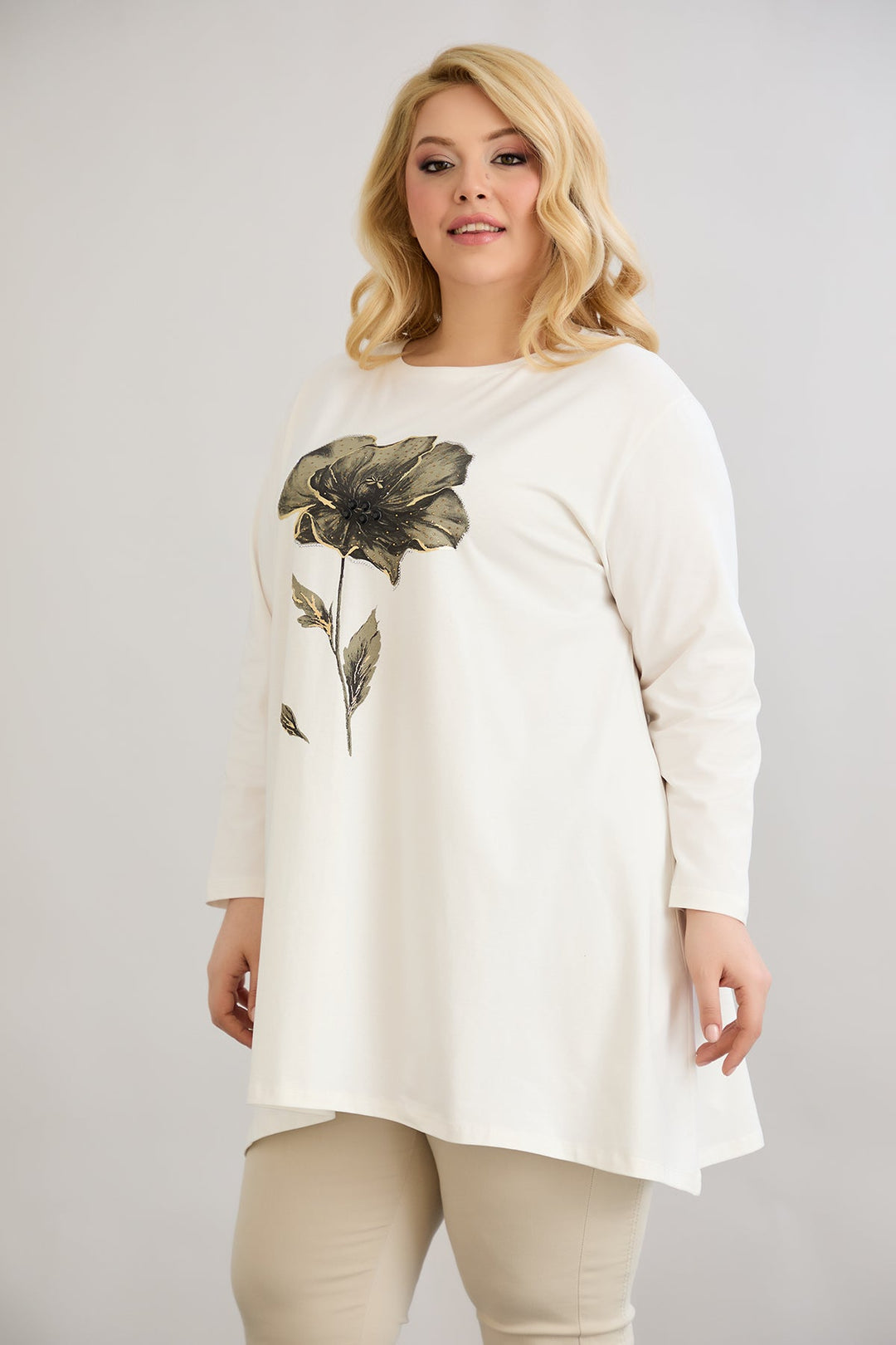 Tunika A-linije s cvjetnim uzorkom i dražesnim kamenčićima - Ecru