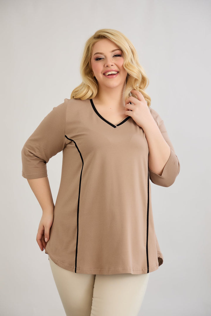 Pamukasta bluza A-linije s kontrastnim trakama - Bež