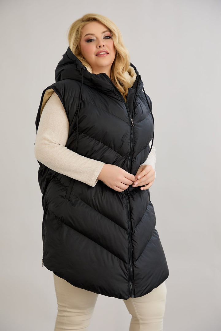 Topli oversize zimski prsluk s podstavom od karakula velikih veličina - Crna