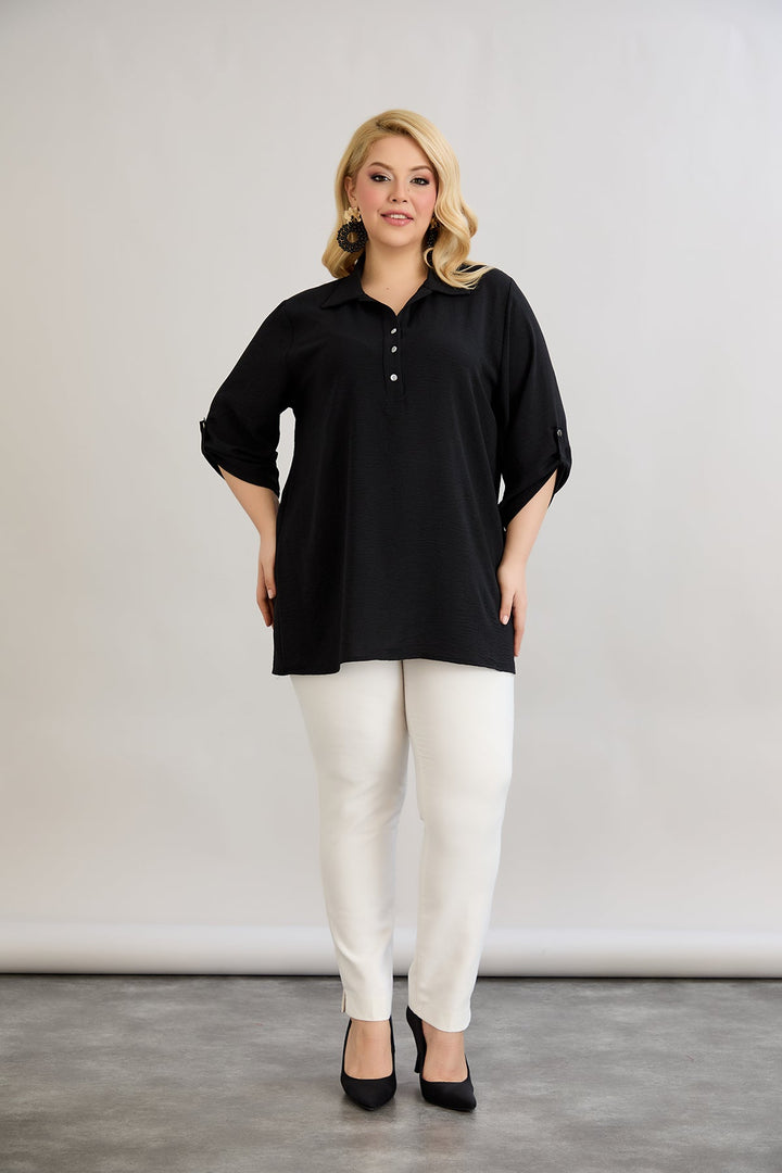 Košulja s 3/4 rukavima i gumbima - Crna