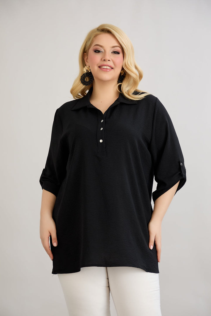 Košulja s 3/4 rukavima i gumbima - Crna