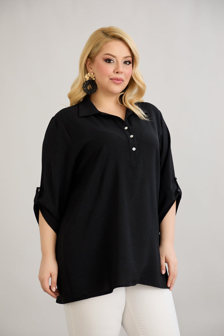 Košulja s 3/4 rukavima i gumbima - Crna
